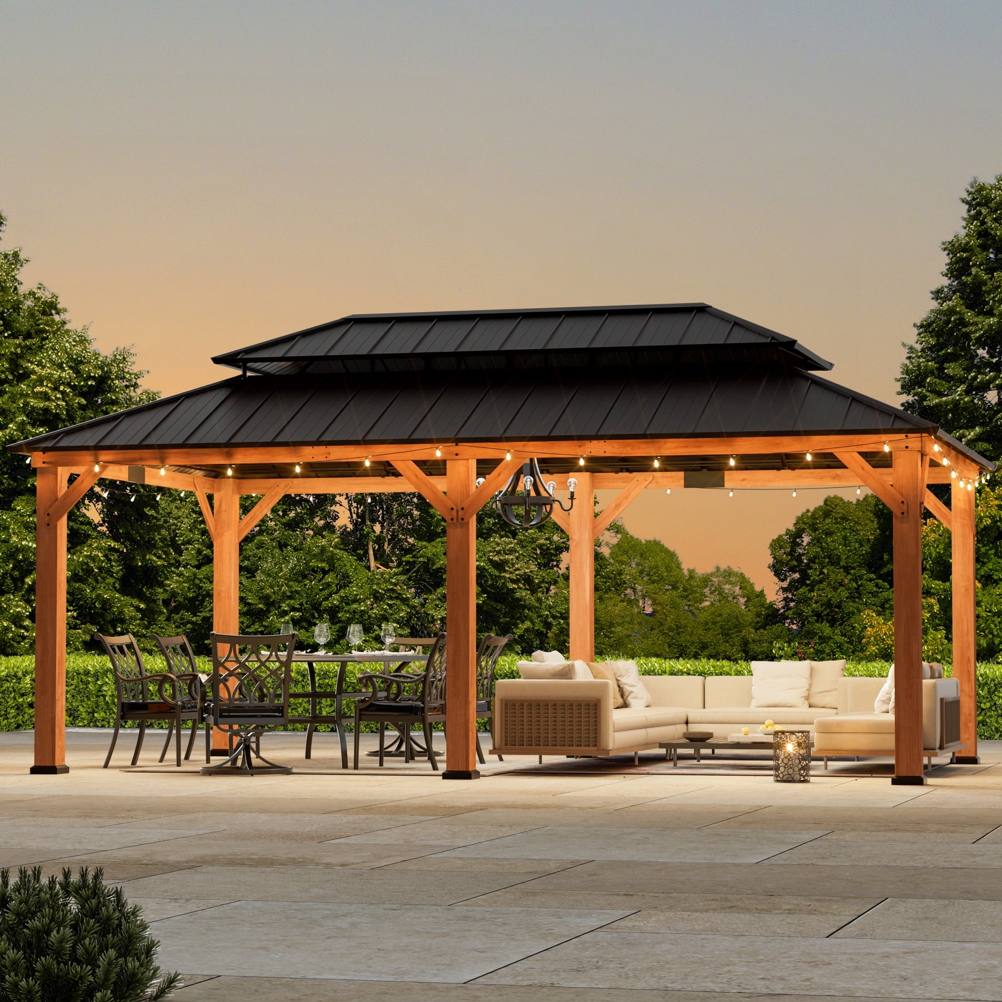 FONA 12'x20' Cedar Wood Gazebo,Hardtop with Double Galvanized Steel Roof for Outdoor,Brown