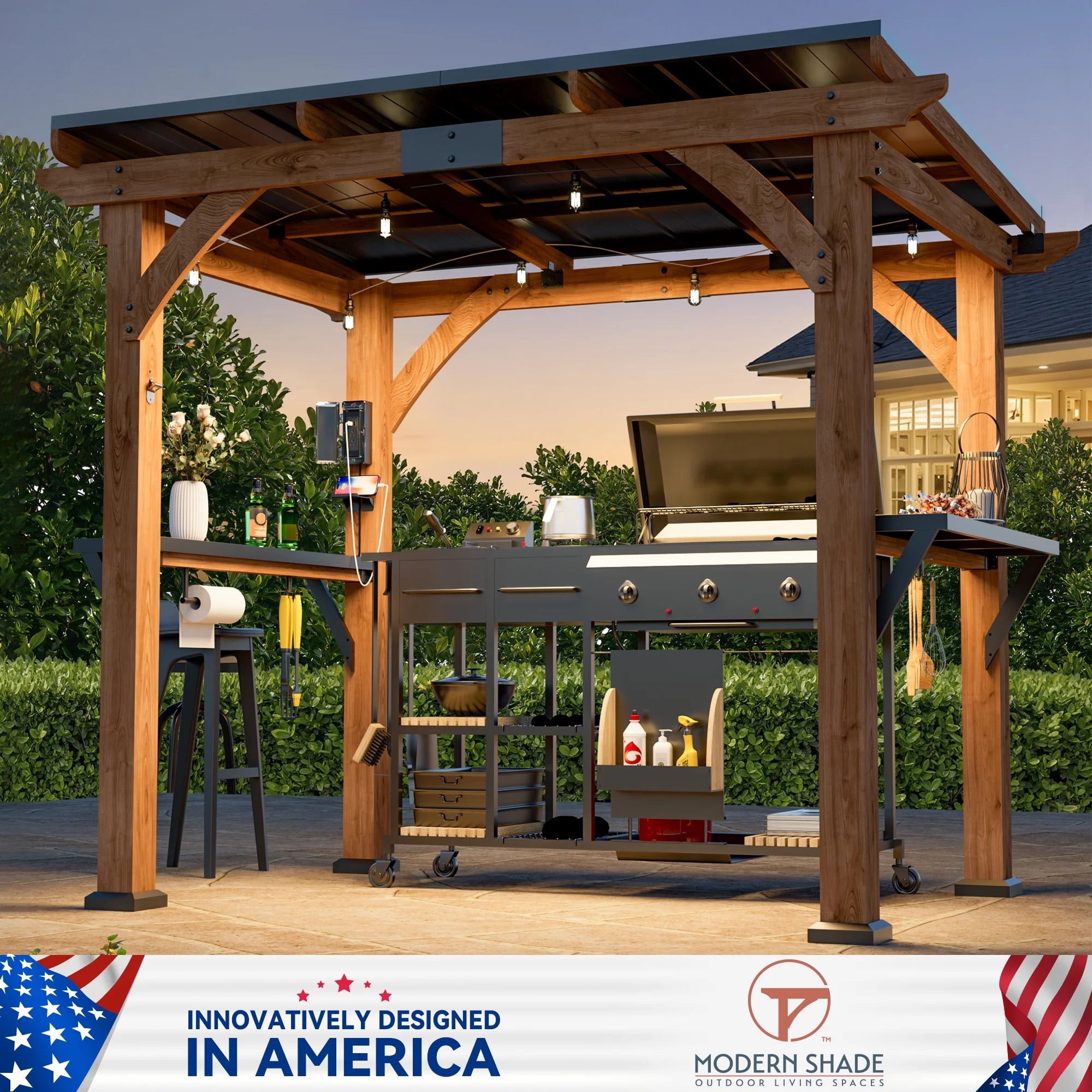 Modern Shade Grill Gazebo 6' X 8', Cedar Wood Gazebo with Shelves and Paper Towel Holder, Patio Gazebo with Galvanized Steel Roof, USB and USB-C Charging Ports, BBQ Gazebo for Patio Backyard