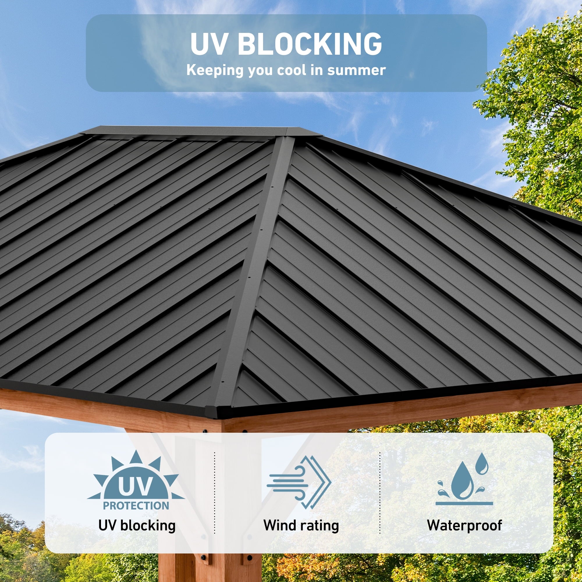 FONA 12'x16' Wood Gazebo,Permanent Hardtop Gazebo with Galvanized Steel Roof Hardtop