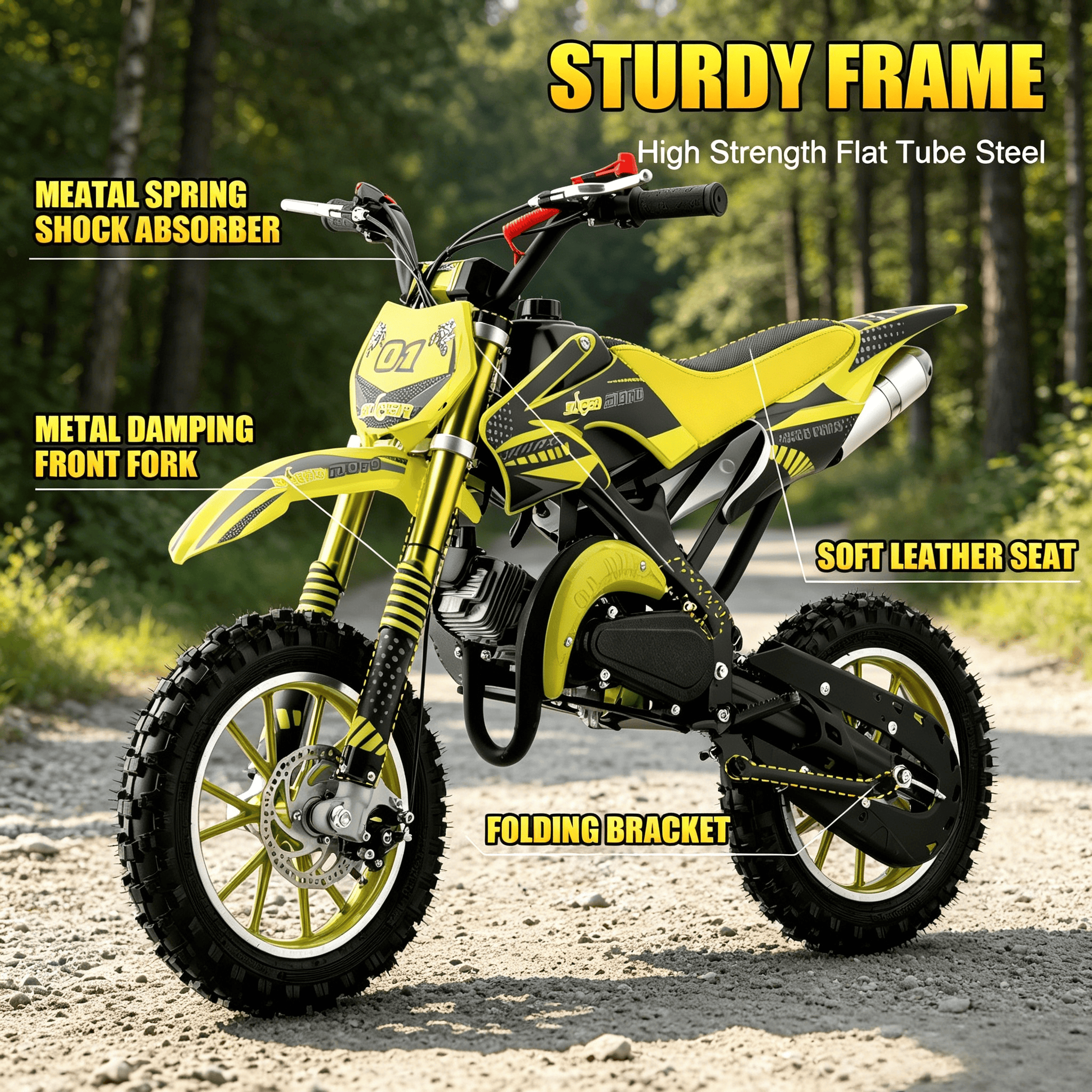 Ktoebyco 49cc Kids Dirt Bike, Gasoline Powered 2-Stroke Mini Motorcycle, 1-Seater, 1.5L Fuel Capacity, Yellow