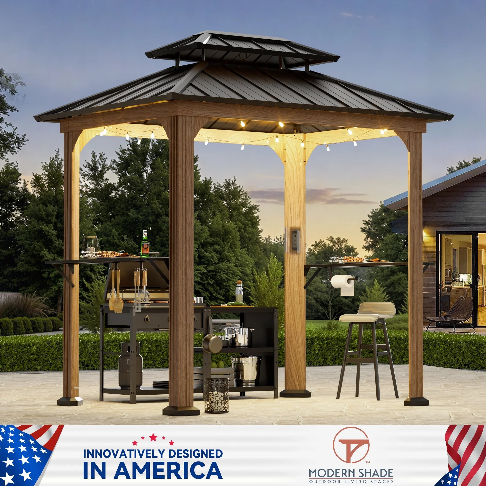 Modern Shade Grill Gazebo 6' X 8', Permanent Aluminum BBQ Gazebos with Shelves and Paper Towel Holder, Grill Canopy with Galvanized Steel Roof, Grill Gazebo with Charging Ports, Wood-Looking