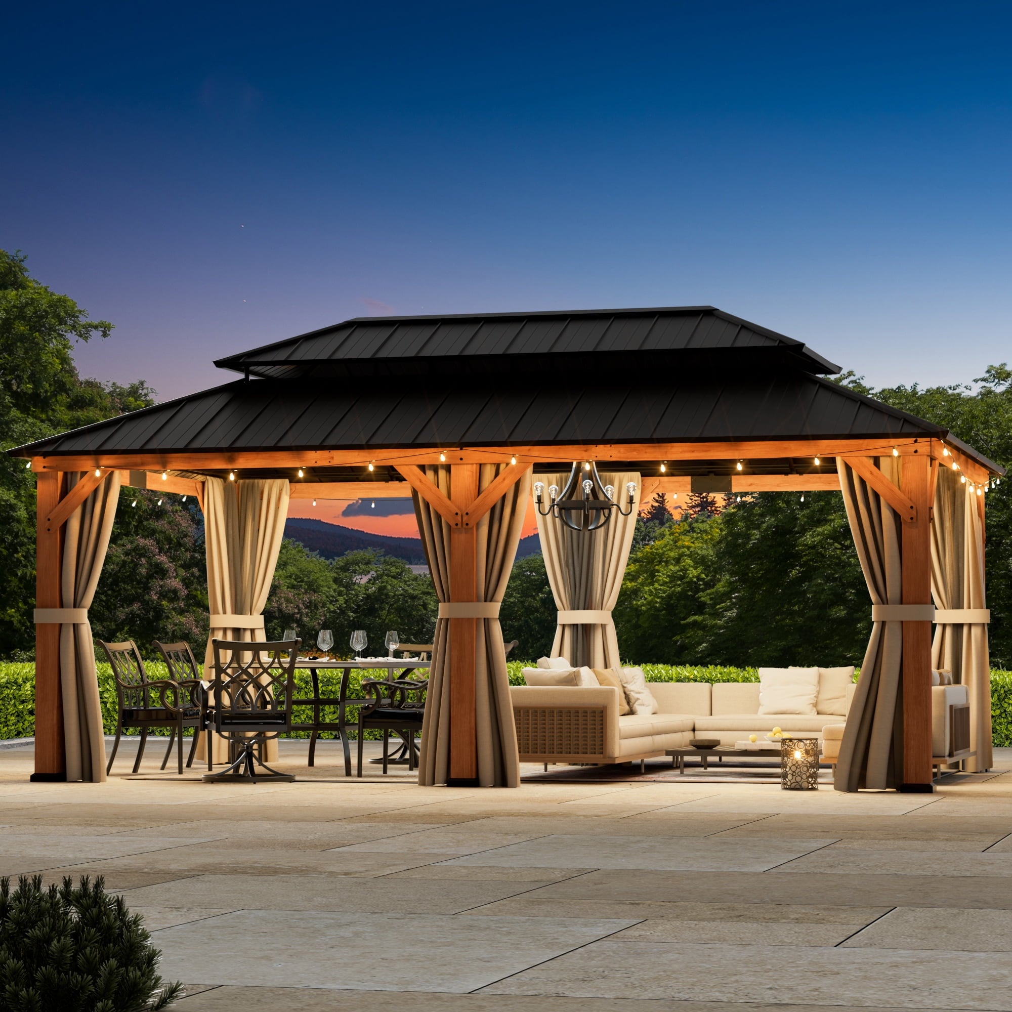 FONA 12'x20' Cedar Wood Gazebo,Hardtop with Double Galvanized Steel Roof for Outdoor,Brown