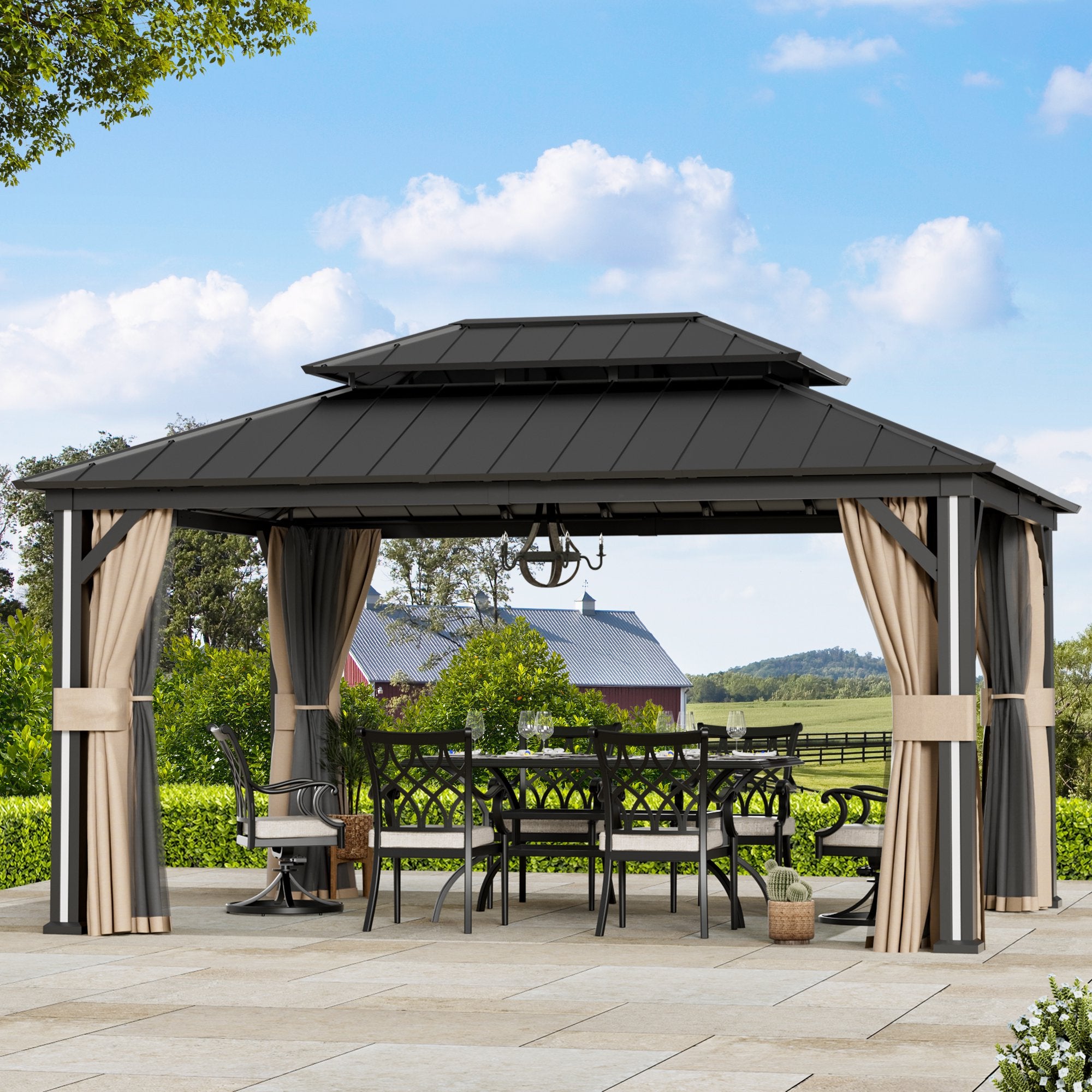 FONA 12'x16' Permanent Hardtop Gazebo,Aluminum Frame & Double Roof,LED Lights,Black