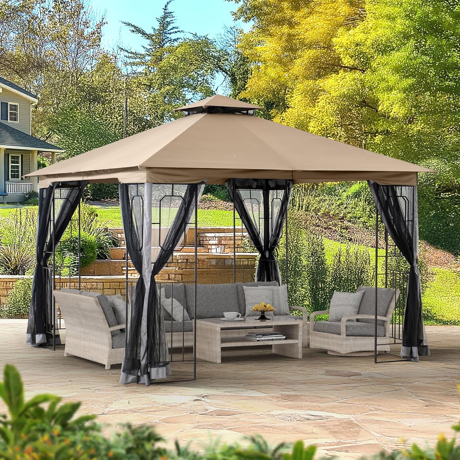 FONA 11'x11' Patio Gazebo with Netting&Double Roof,Ceiling Hooks,Pop-Up Canopy Tent for Lawn&Patio