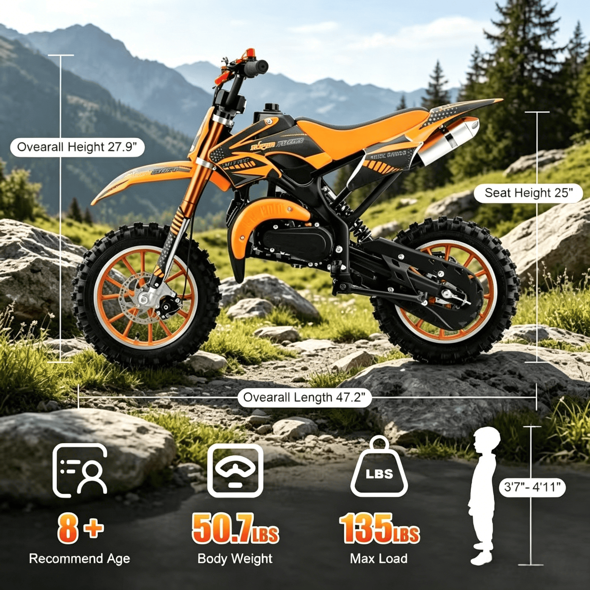 Ktoebyco 49cc Mini Dirt Bike for Kids, 2-Stroke off Road Gasoline Motorcycle,1.5L Fuel Capacity,Orange