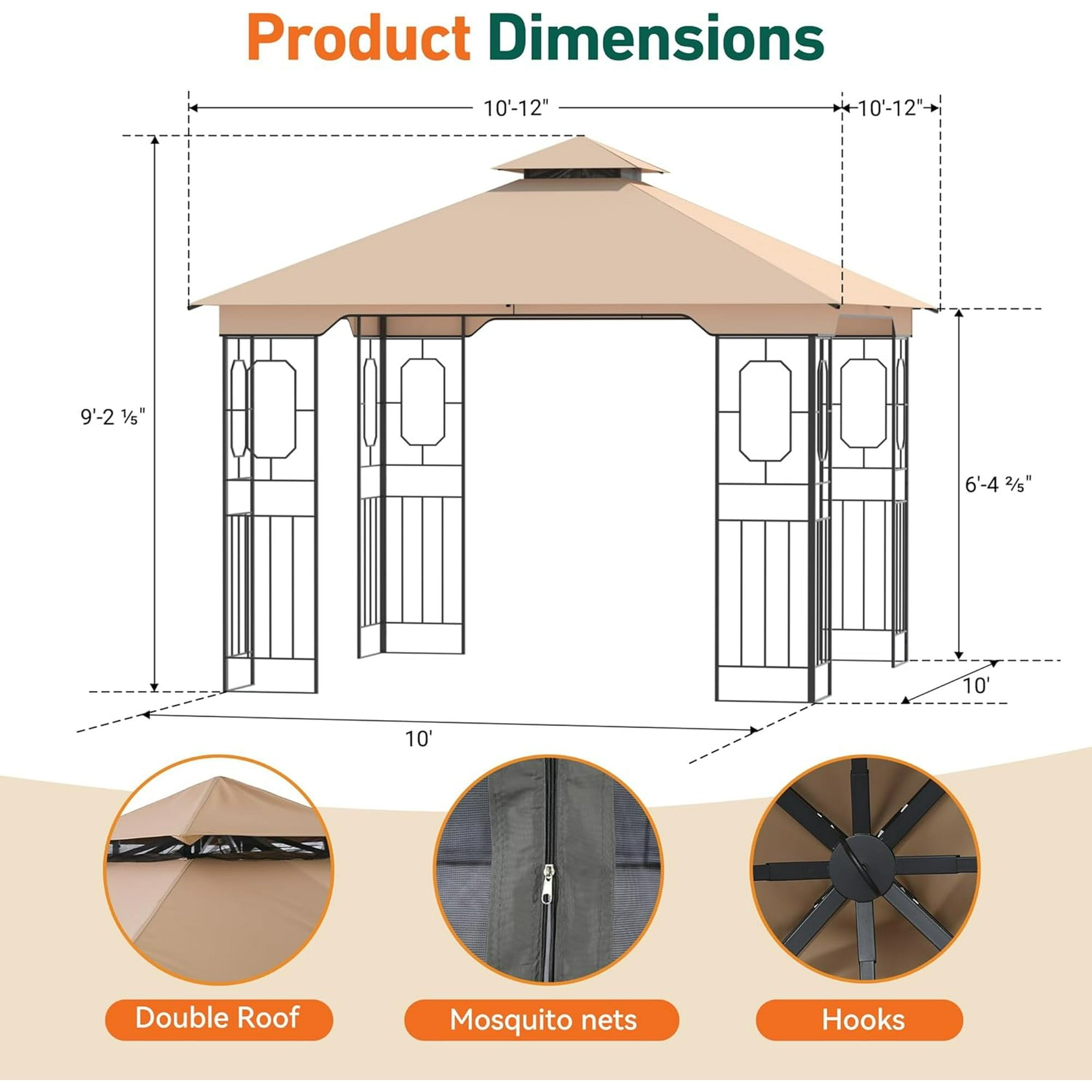 Covered Outdoor Patio Gazebo 11'x11' with Netting, Outdoor Gazebo with Stable Frame, Gazebo Tent with Double Roofs and Ceiling Hooks, Pop Up Canopy Tent for Patio Lawn (Brown)