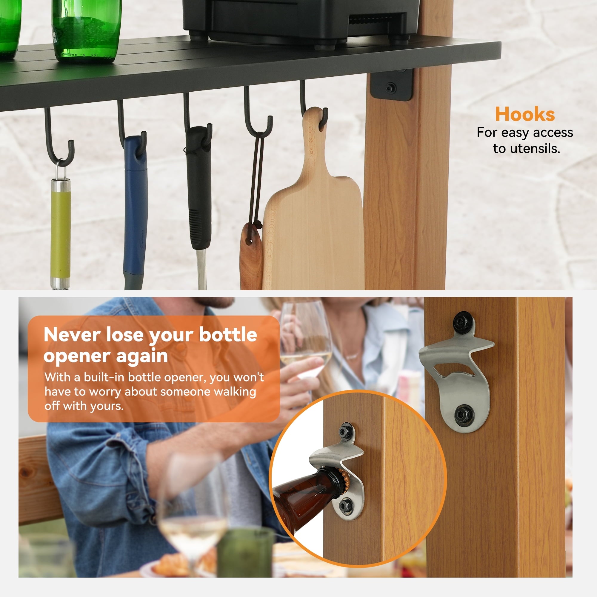 FONA Hardtop Grill Gazebo 6'x12'with Side Shelf, Outdoor Gazebo with Bottle Opener & Hooks, Grill Canopy with Sturdy Rustproof Design for Backyard, Garden, Patio,Wood-Looking