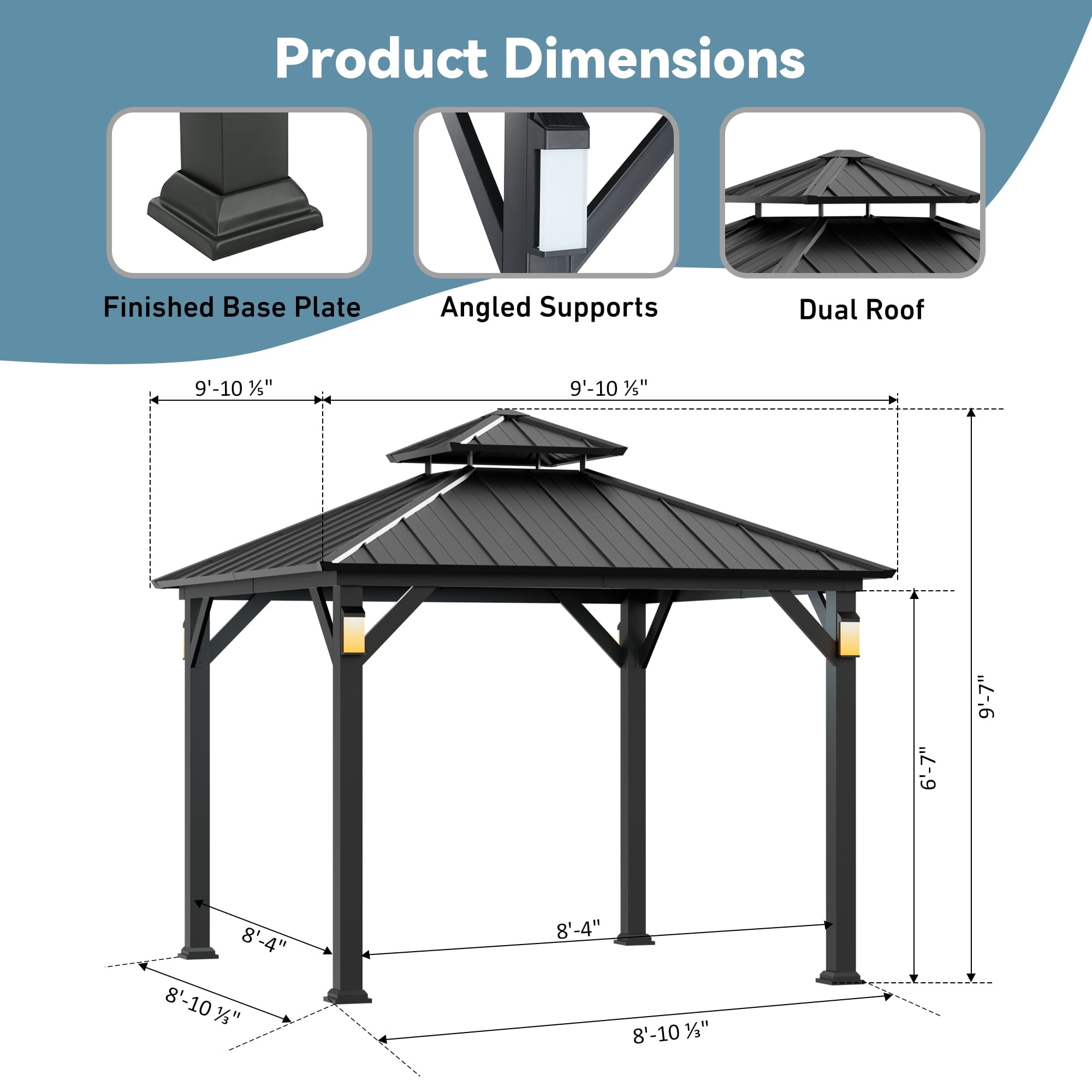 FONA 10'x10' Hardtop Metal Gazebo with LED Light,All-Weather Outdoor Pavilion for Patio,Garden,Black