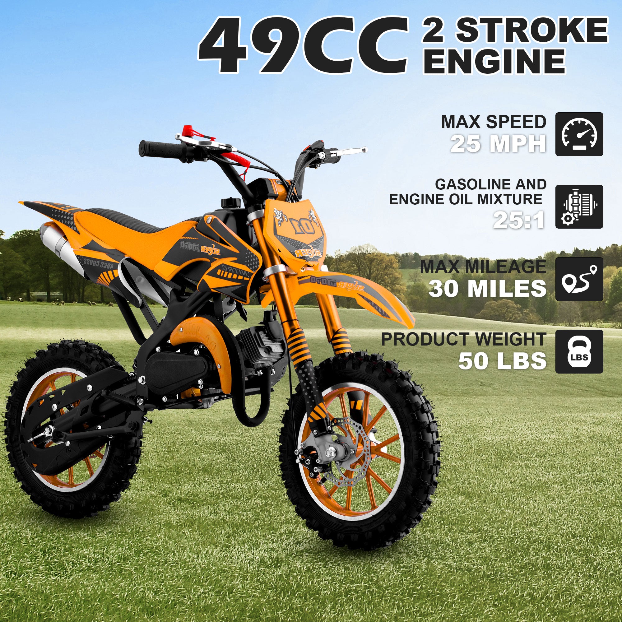 Gpower Gasoline 49cc Dirt Bike for Kids 6-15,2-Stroke Gas Power Mini Dirt Bike,1-Seater,Orange