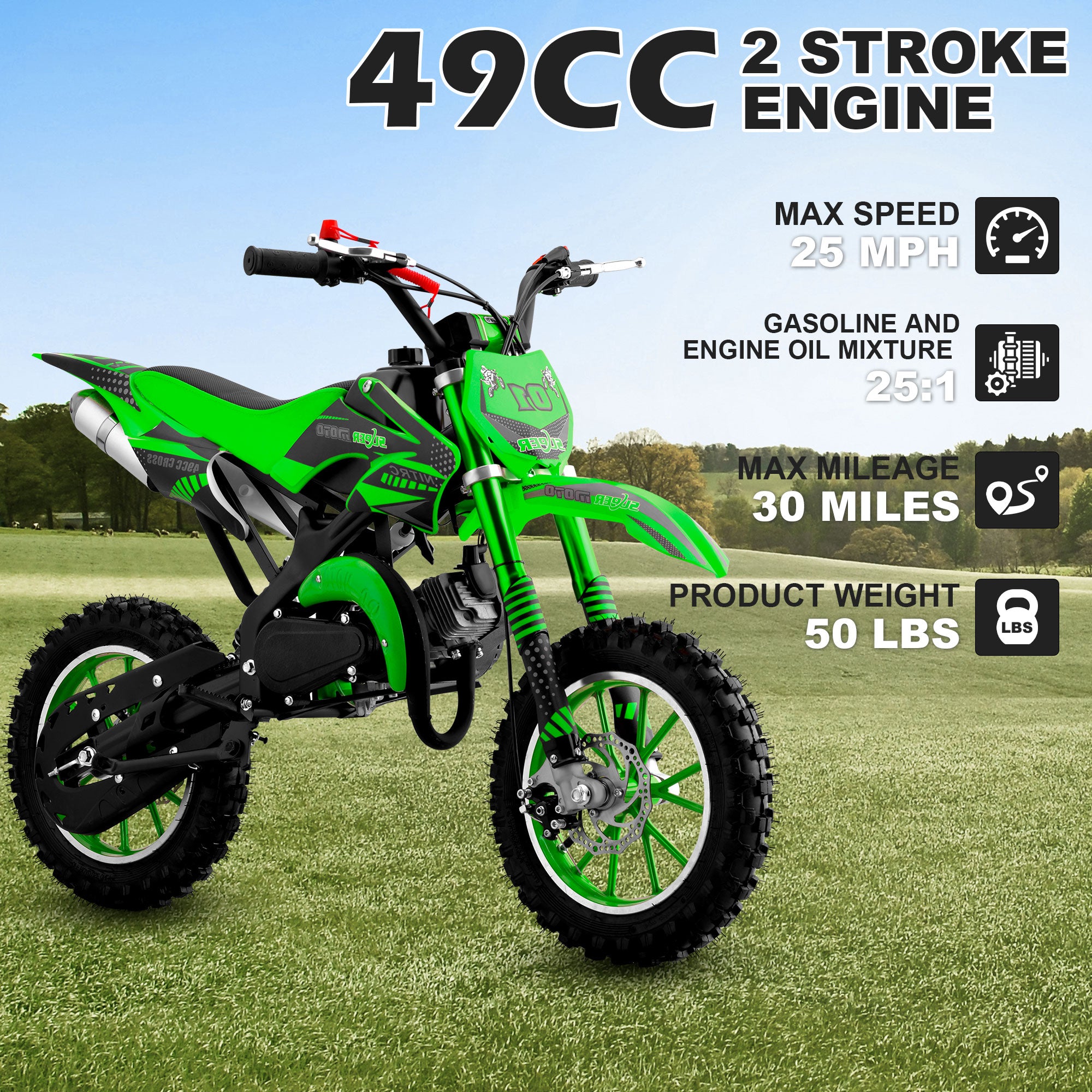 Gpower 49cc Dirt Bike for Kids 6-15,2-Stroke Gas Powered Mini Dirt Bike,1.5L Fuel Capacity,1-Seater,Green