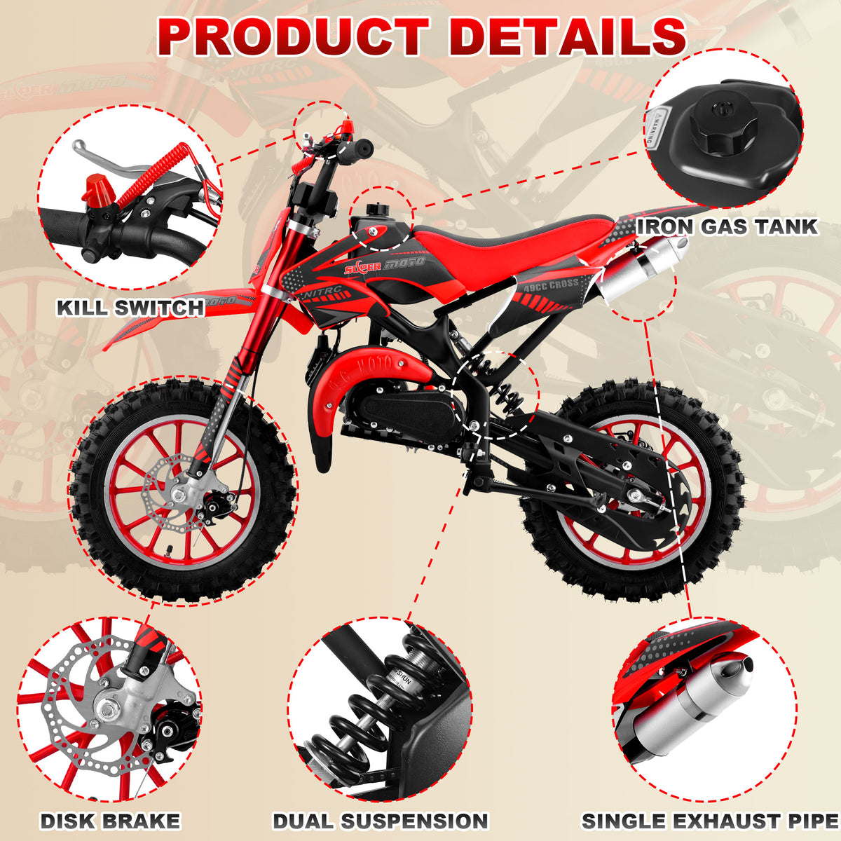 Gpower 49cc Dirt Bike for Kids 6-15,2-Stroke Gas Powered Mini Dirt Bike,1.5L Fuel Capacity,1-Seater,Red