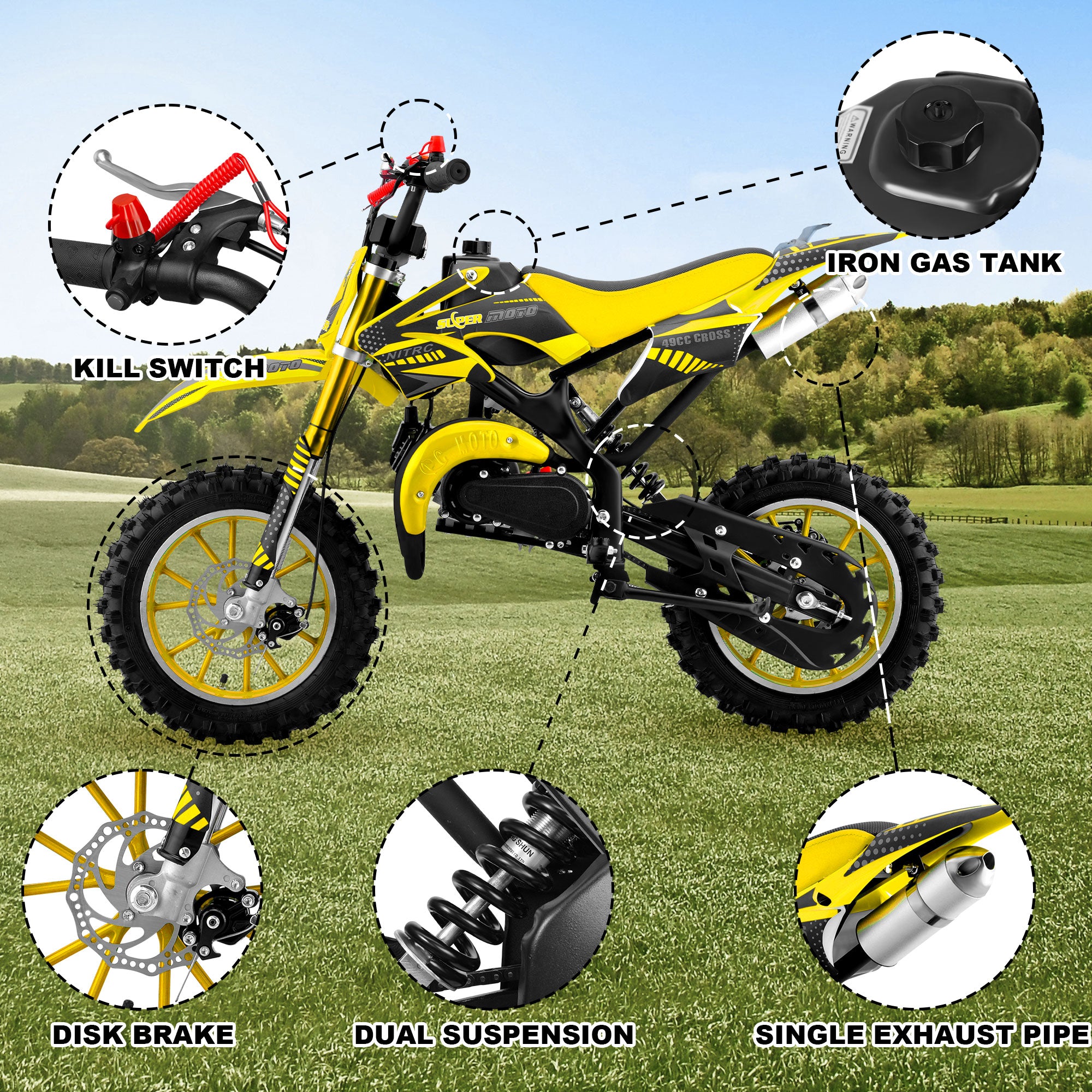 Gpower Gasoline 49cc Dirt Bike for Kids 6-15,2-Stroke Gas Power Mini Dirt Bike,1-Seater,Yellow