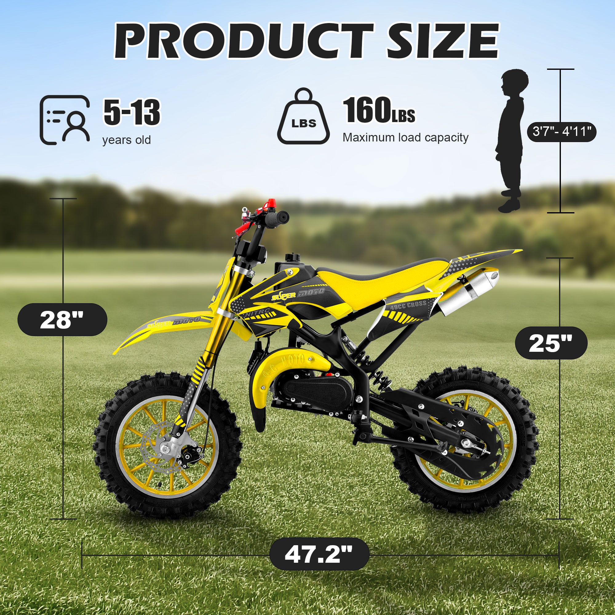Gpower Gasoline 49cc Dirt Bike for Kids 6-15,2-Stroke Gas Power Mini Dirt Bike,1-Seater,Yellow