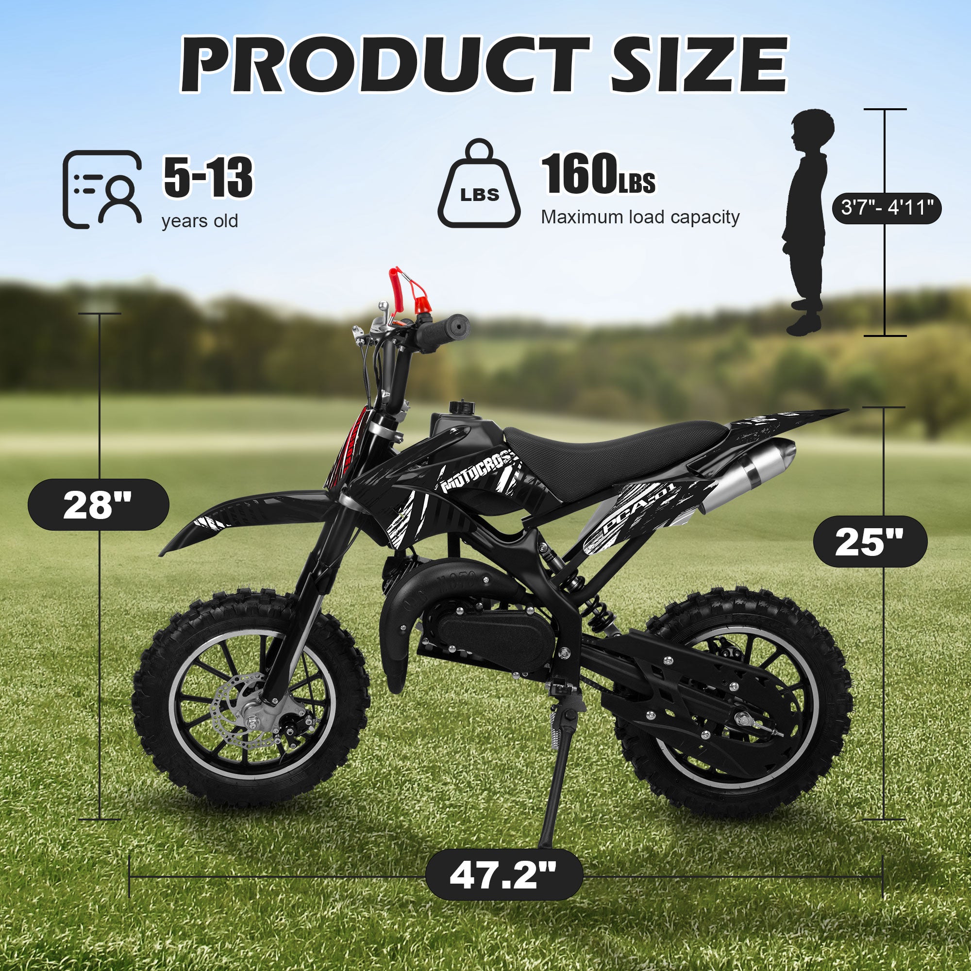 Gpower 49cc Dirt Bike for Kids 6–15, 2-Stroke Gas-Powered Mini Bike, 1-Seater, Black