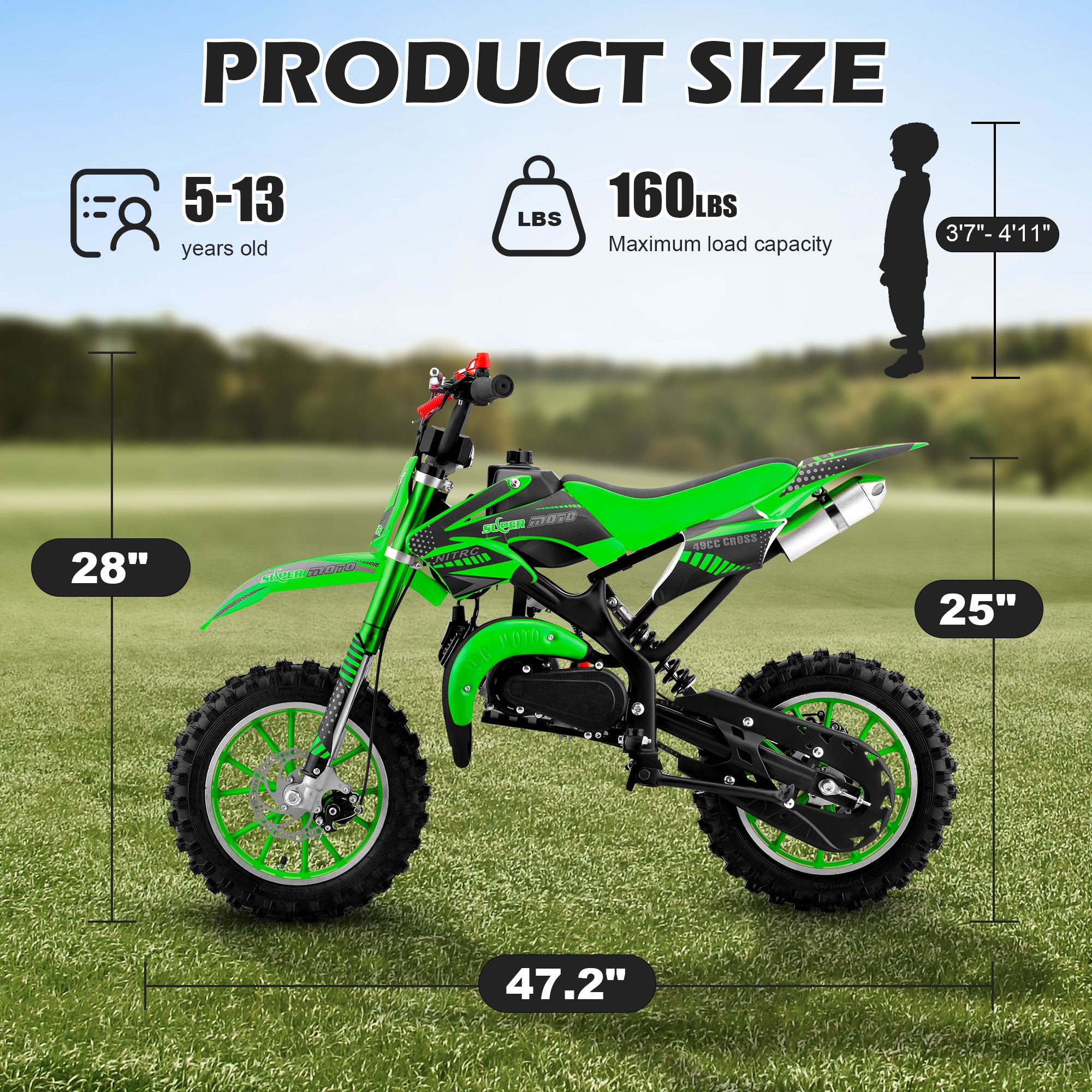 Gpower 49cc Dirt Bike for Kids 6-15,2-Stroke Gas Powered Mini Dirt Bike,1.5L Fuel Capacity,1-Seater,Green
