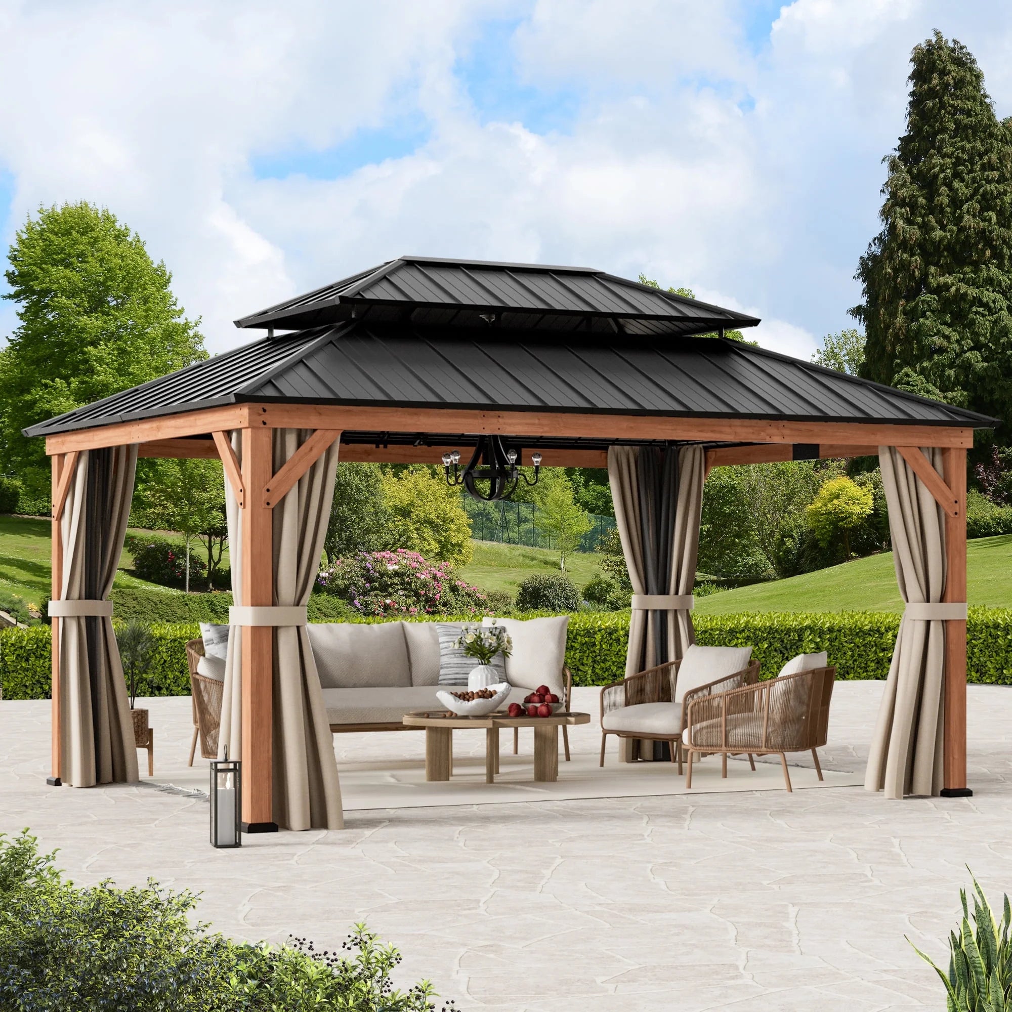 Modern Shade 12x16 Wood Gazebo,Cedar Framed Wooden Hard-Top Gazebo,Double Galvanized Steel Roof,with Mosquito Net