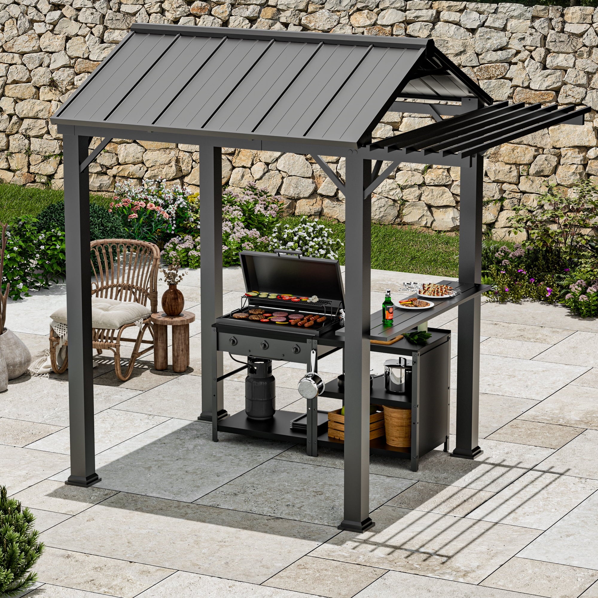 Modern Shade Grill Gazebo 6'x8' with Galvanized Steel Roof and Extended Eave,Outdoor Gazebo with UV Blocking&Waterproof Design,Rust-Resistant,4-Season Use with Storage Cabinet for Patio