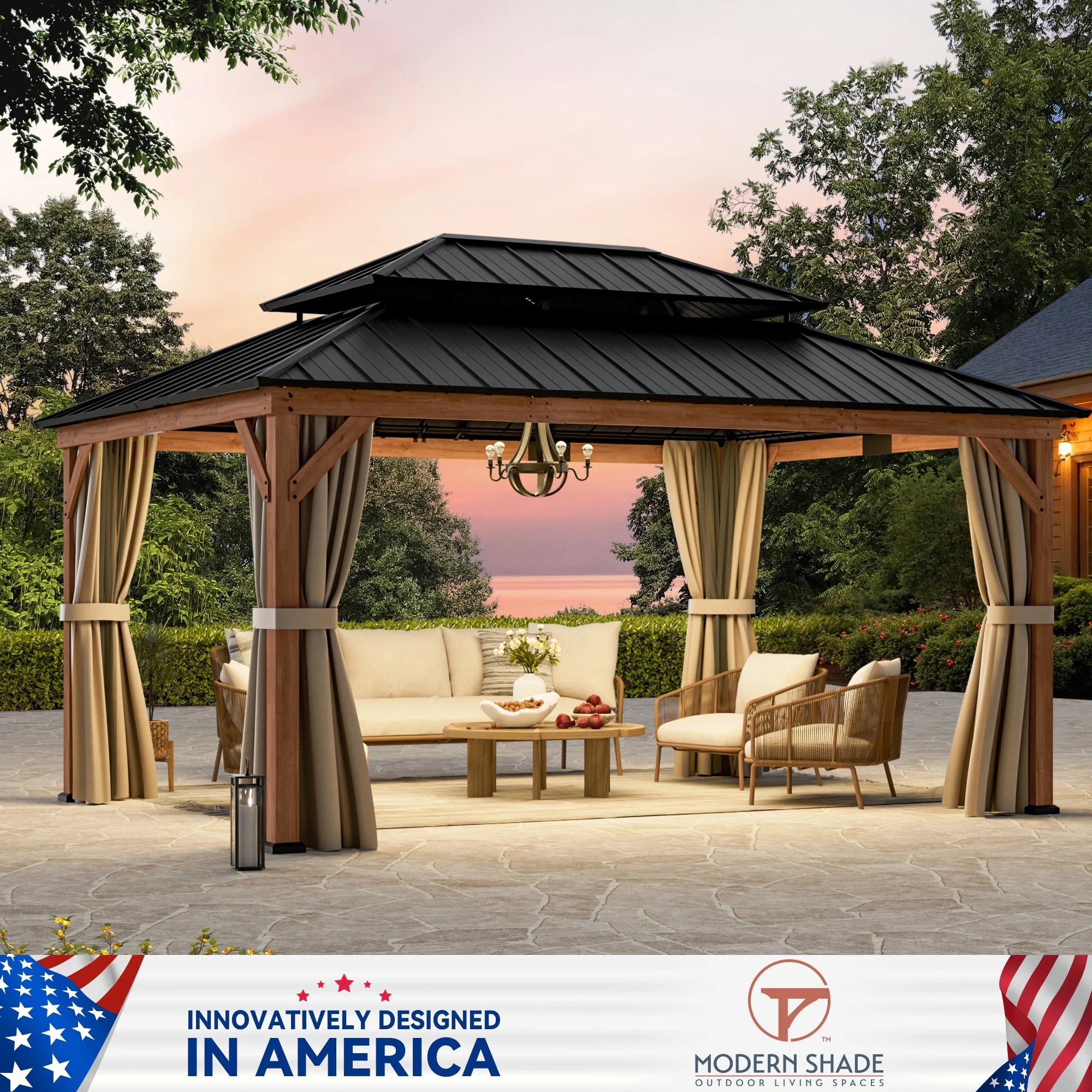 Modern Shade 12x16 Wood Gazebo,Cedar Framed Wooden Hard-Top Gazebo,Double Galvanized Steel Roof,with Mosquito Net