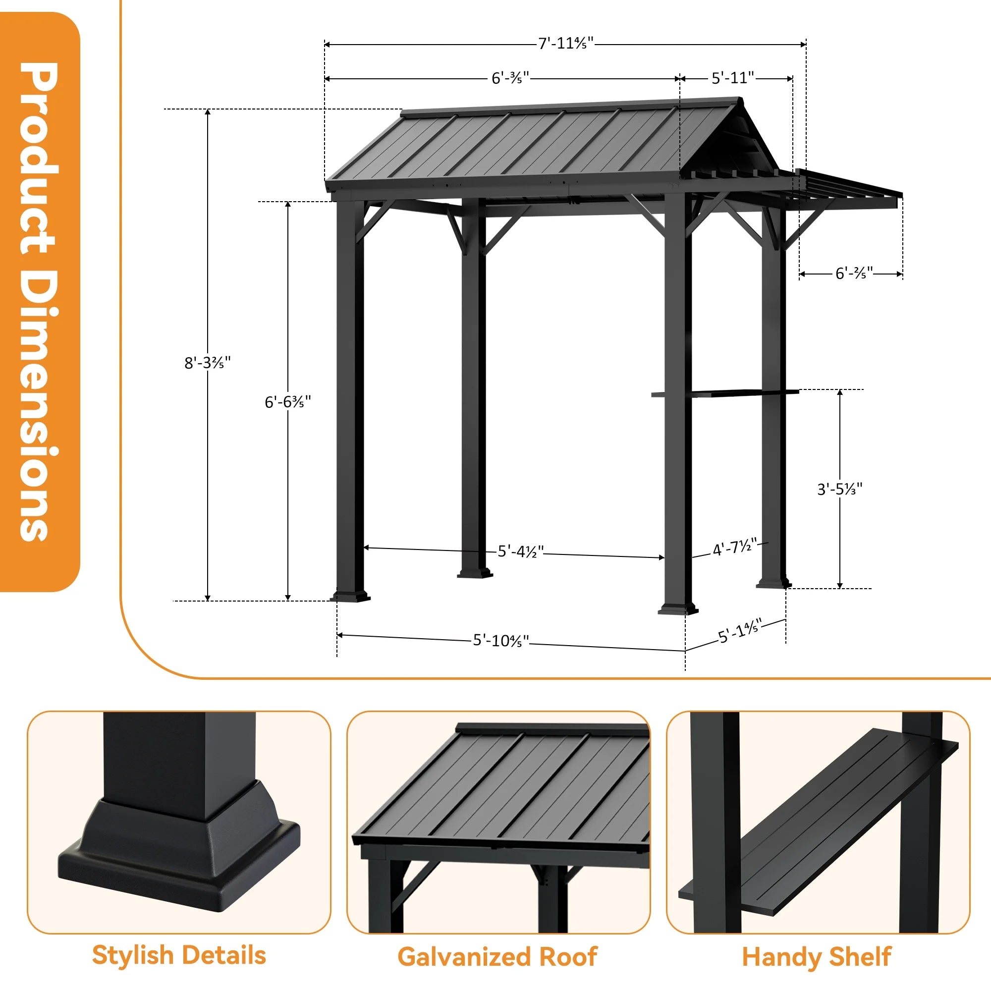 Modern Shade Grill Gazebo 6'x8' with Galvanized Steel Roof and Extended Eave,Outdoor Gazebo with UV Blocking&Waterproof Design,Rust-Resistant,4-Season Use with Storage Cabinet for Patio